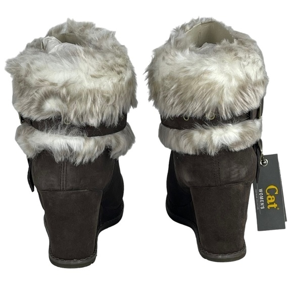 CATERPILLAR CAT BOISTEROUS FAUX FUR CAFE BROWN SUEDE WEDGE WINTER BOOTIES BOOTS - Picture 8 of 13